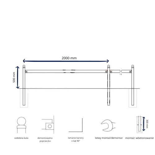 "Bariera trawnikowa niska z ozdobną kulą H=750mm, L=2000mm,, ocynk ogniowy + RAL 7016,"